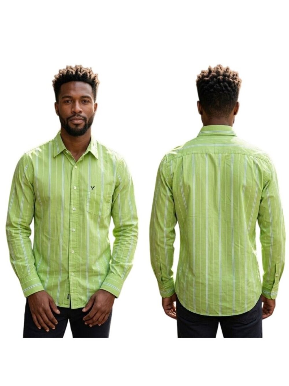 White Owl Men's Large Green Striped Button Up Shirt, Long Sleeve Classic 21" P2P